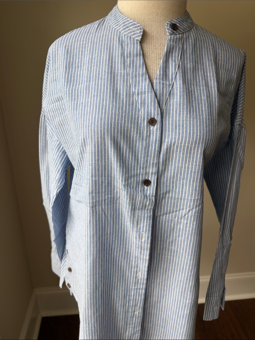Women's Light Blue Striped Band-Collar Blouse